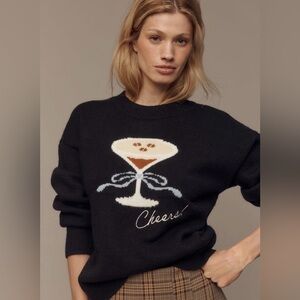 Anthro English Factory Cocktail Motif Black Sweater with Martini Glass Design M
